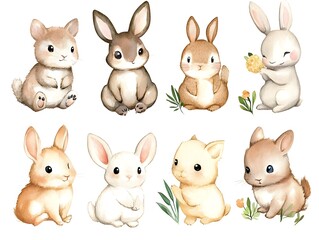 Obraz premium Adorable Watercolor Baby Bunnies Rabbits Clipart Set
