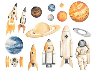 Watercolor Space Rockets  Planets  Astronaut  Solar System