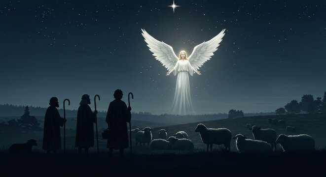 Shepherds Under the Night Sky – Gazing at a Radiant Angel with Their Flock