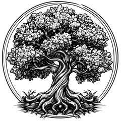 "Circular Black and White Tree of Life Logo with Intricate Twisting Trunk and Elegant Branch Design
