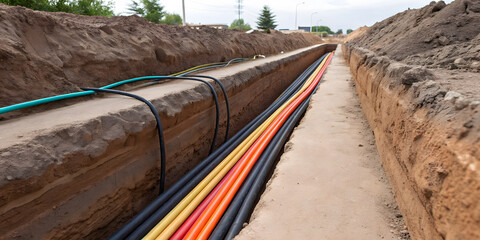 Concept of fiber optic in construction site. cross section view of a fiber optic trench