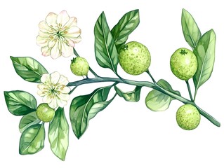 Watercolor Branch with Green Fruits and White Flowers