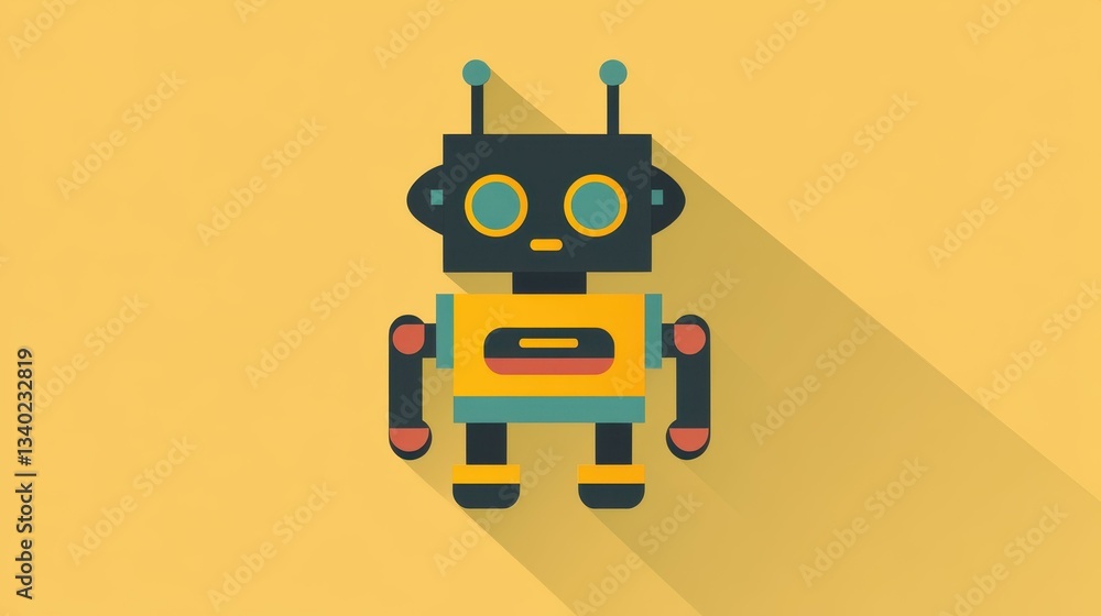 Poster upgrade your design with a bold flat robot icon, showcasing a unique long shadow for modern aestheti