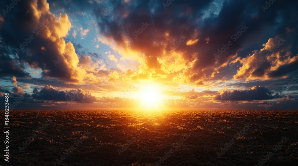 Poster captivating sunset over a field with rich colors and soft light creating a tranquil atmosphere