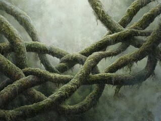 A textured close-up of intertwined tree branches, covered in moss, set in a misty environment for a mystical effect.