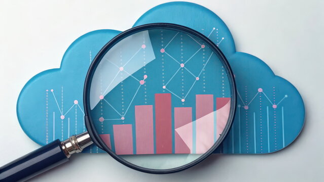 A magnifying glass over a cloud graphic displaying colorful bar charts and line graphs, symbolizing data analysis in a digital environment.