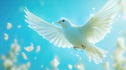 Fototapeta premium White Bird in Flight with Soft Petals Against a Blue Background