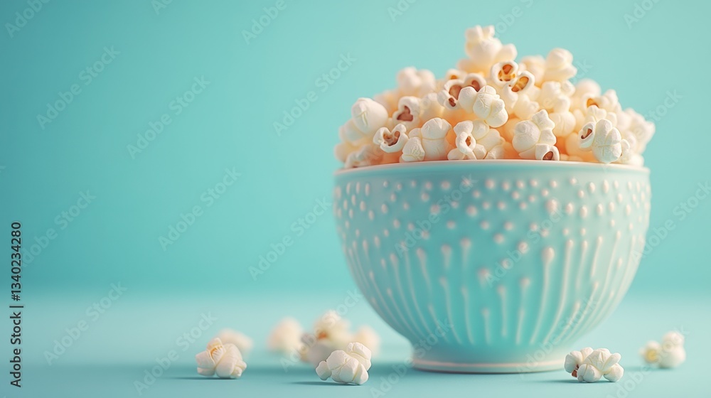 Poster a light blue bowl filled with popcorn sits on a light blue background. a few kernels are scattered a