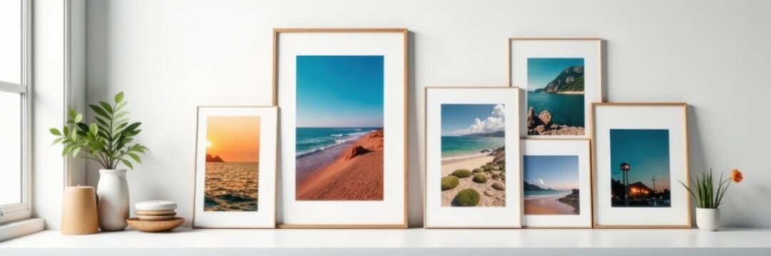 A selection of large format prints and smaller framed photos in a collage-style layout on a plain white surface, monochromatic scheme, frame size variety