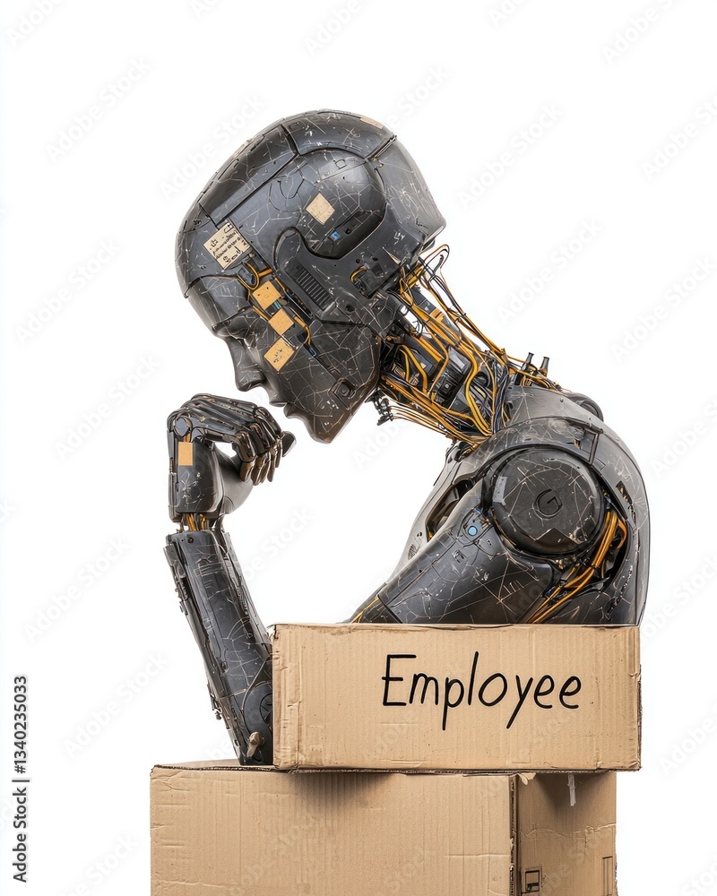 Aufkleber robot employee contemplating future of work studio setting digital art isolated view artificial inte