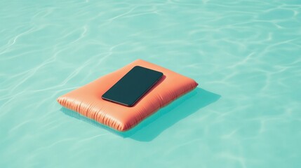 Smartphone resting on vibrant orange cushion floating in a clear blue swimming pool, perfect for summer relaxation and technology enjoyment