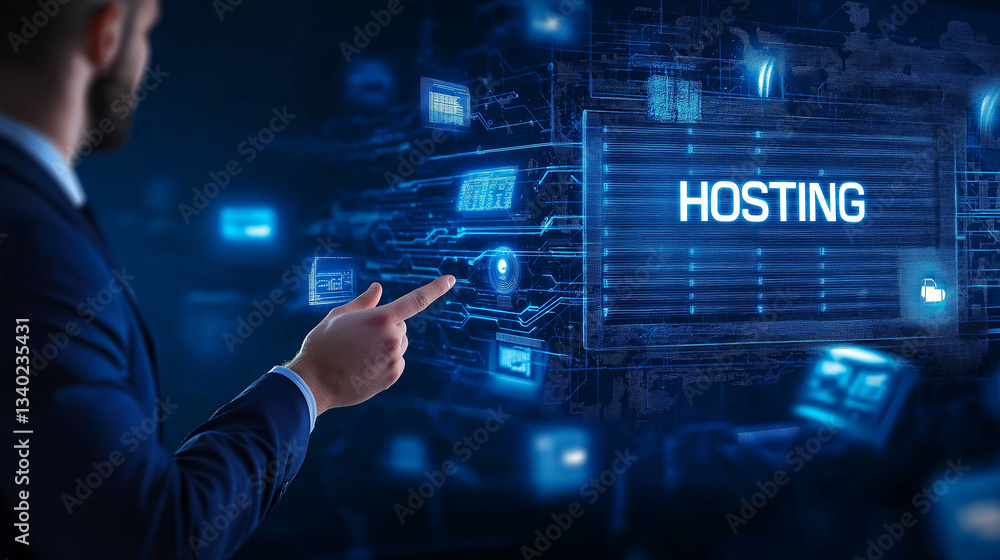 Poster businessman choosing hosting provider using futuristic holographic interface