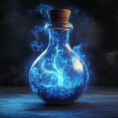 A medieval glowing potion bottle with swirling arcane mist