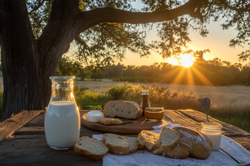 jars of milk and bread on a table in the garden with the sun setting 