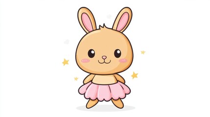 Obraz premium Adorable light brown bunny wearing a pink tutu, against a white background with small stars. Pixel art style.