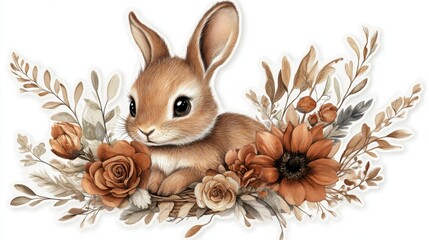 Obraz premium Adorable brown bunny rabbit nestled amongst autumnal flowers and foliage. Watercolor painting style, soft lighting, neutral color palette.