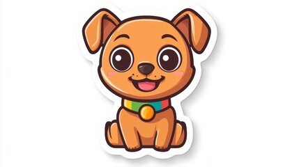 Fototapeta premium Adorable cartoon puppy with big eyes, brown fur, and a colorful collar sits on a white background. Pixel art style.