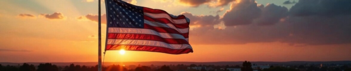A black and white American flag waving in the wind at sunset, national emblem, background