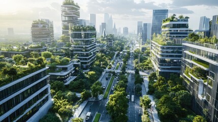 Obraz premium Futuristic Urban Cityscape with Greenery and Sustainable Architecture