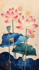 Chinese printmaking of  beautiful lotus flowers