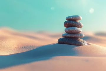 Fotobehang A serene image of stacked zen stones on a calming sand background, representing tranquility, mindfulness, and balance. © HO
