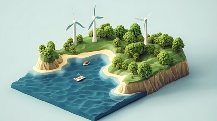 Eco Friendly Island  Green Energy  Wind Turbines  Ocean View