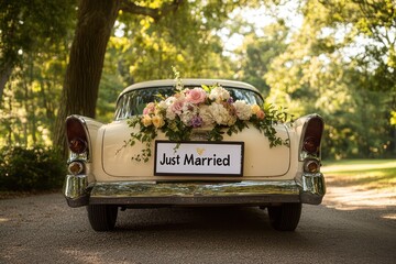A vintage wedding car adorned with flowers and a "Just Married" sign, parked in a scenic park setting