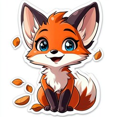 Obraz premium Adorable cartoon fox with orange fur, large blue eyes, and a happy expression, surrounded by falling autumn leaves on a white background.