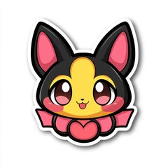 Obraz premium Adorable cartoon cat illustration, pixel art style, black, yellow, and pink colors, large eyes, heart shaped ribbon, white background.