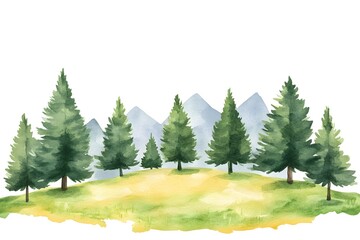 Fototapeta premium Watercolor Landscape Mountain Forest Pine Trees Hill