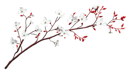 Blooming cherry blossom branch with white flowers and red leaves on transparent background