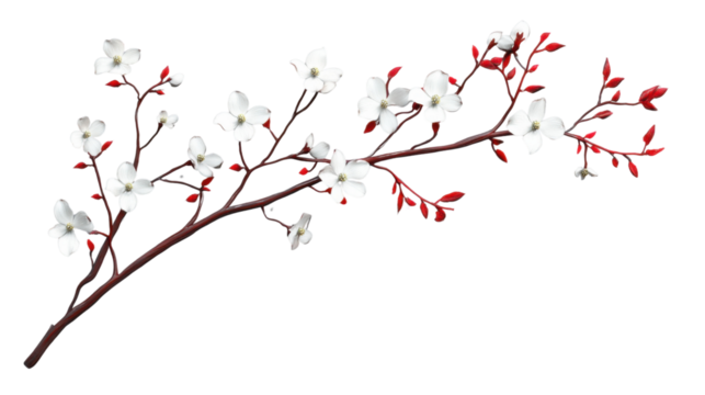 Blooming cherry blossom branch with white flowers and red leaves on transparent background
