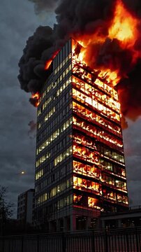 An Urban Skyscraper Engulfed in Flames: A Dramatic Scene of Fire Erupting from a High-Rise Building at Sunset, Showcasing the Chaos in an Urban Setting