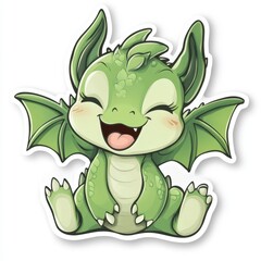 Naklejka premium A cheerful green dragon with large ears and wings sits happily, its mouth open in a joyful expression. The illustration style is cartoonish and charming.