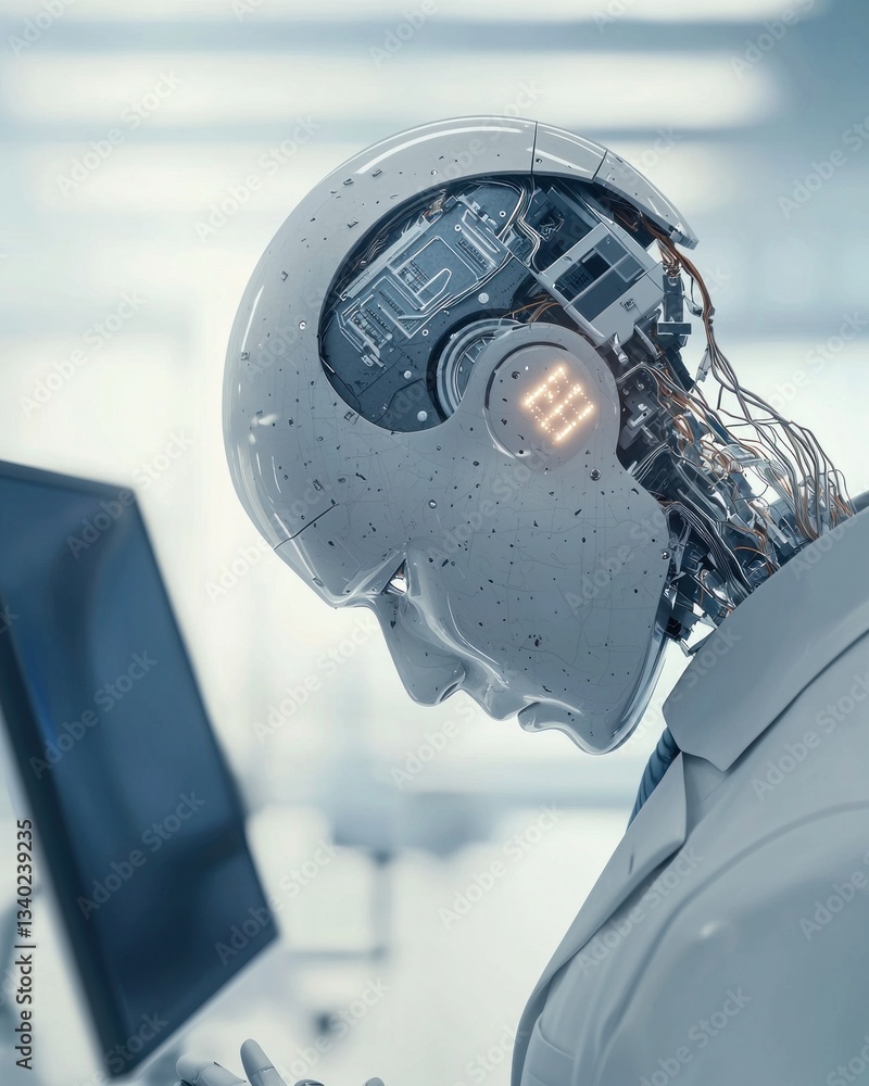Poster innovation in robotics human-like ai technology lab digital art futuristic close-up machine learning