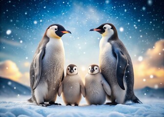 Obraz premium Joyful Penguin Family Winter Wonderland Snow Scene - Adorable Wildlife Stock Photo