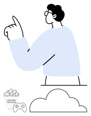 Individual pointing upward, wearing glasses, over abstract icons of a cloud, popcorn bucket, and controller. Ideal for entertainment, gaming, creativity, technology leisure streaming