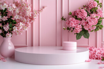 pink podium background with rose petals and copy space for product present
