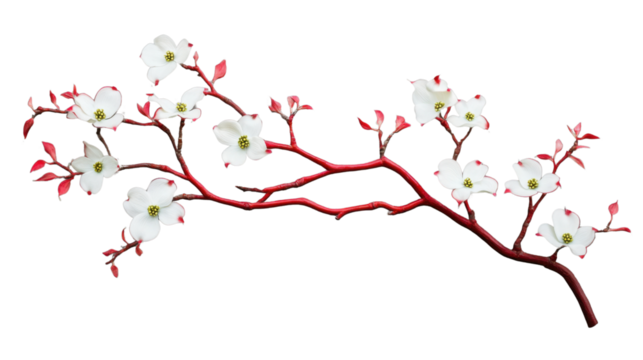 Blooming white flowers on red branch with transparent background