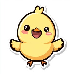 Obraz premium Cute yellow chick cartoon illustration with big eyes and happy expression, white background.