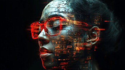 Woman's face overlaid with circuit board pattern.