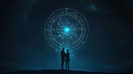 Fototapeta premium Silhouetted Couple Gazing at Celestial Star Map in Night Sky with Bright Constellations and Cosmic Patterns Illuminating Darkness