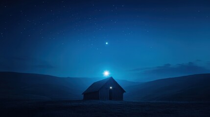 Tranquil Wooden Cabin Under a Starry Night Sky Surrounded by Peaceful Hills and Serene Atmosphere in a Deep Blue Color Palette