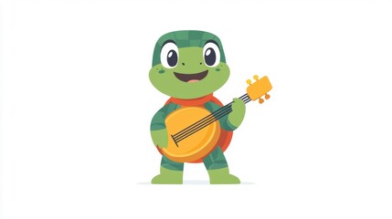 Obraz premium Happy cartoon turtle playing a banjo against a white background. Pixel art style illustration.