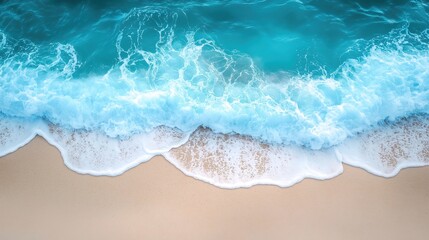 Naklejka premium Turquoise waves gently kiss the sandy shore, embodying the serene essence of summer.