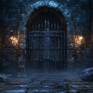 A medieval massive iron gate barring entry to a dark dungeon