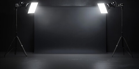 Professional lighting equipment illuminating black backdrop in empty studio