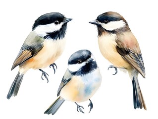 Naklejka premium Watercolor Black capped Chickadee Birds Set