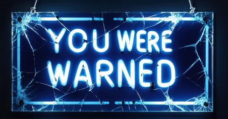 Neon you were warned sign barely readable through cracked glass deep navy and bright silver symbolizing ignored danger
