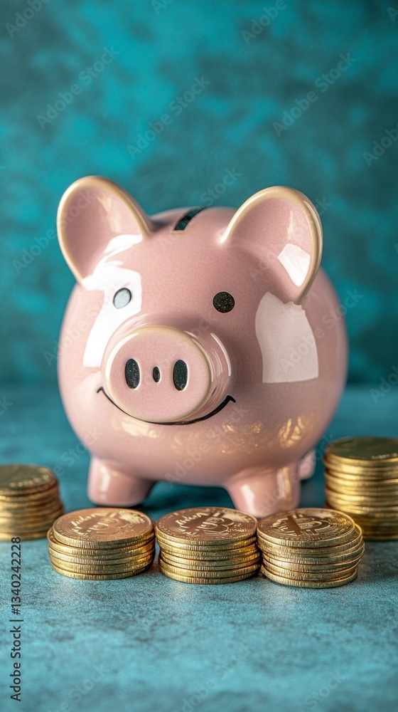 Poster pink piggy bank with a smiling face sits on a teal surface with stacks of gold coins in front. a ver